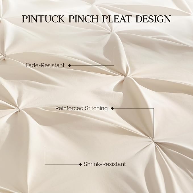 Andency Beige Comforter Set Oversized Queen(98x98Inch), 3 Pieces Comforter for Girls Kids, Soft Microfiber Pinch Pleat Comforter Set, All Season Lightweight Bedding Set