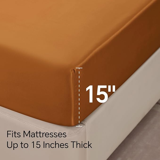 BEDELITE Satin Sheets Full Size Bed Set, Luxury Soft Burnt Orange Silky Sheets for Hair and Skin, Similar to Silk Bed Sheets Set 4 Pieces with 1 Deep Pocket Fitted Sheet, 1 Flat Sheet, 2 Pillowcases