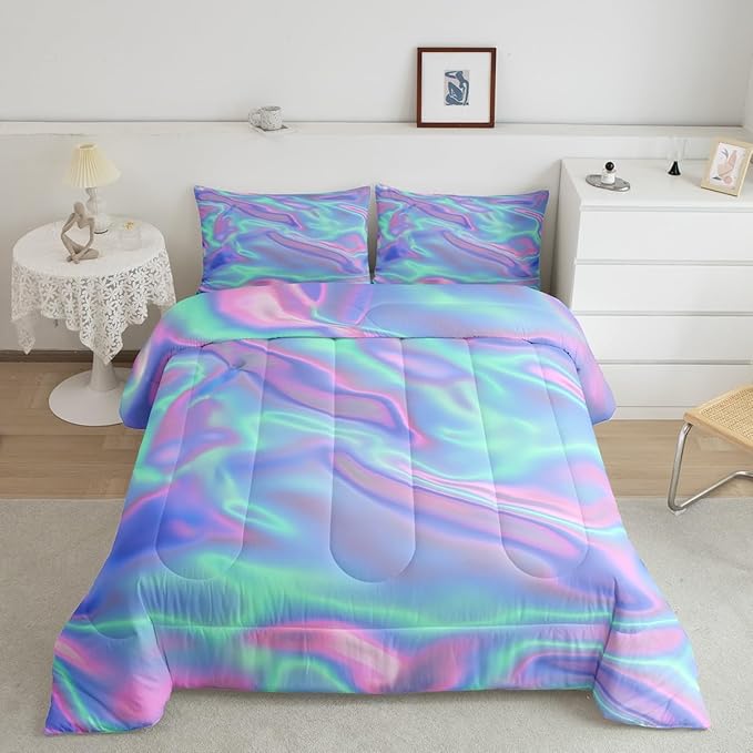 Ombre Queen Comforter Set, Colorful Tie Dye Bedding Sets for Girls, Watercolor Gradient Kids Bedding, Dreamy Green Purple Duvet Insert, Luxury Soft Lightweight Rainbow Comforters & Sets, 3 Pieces