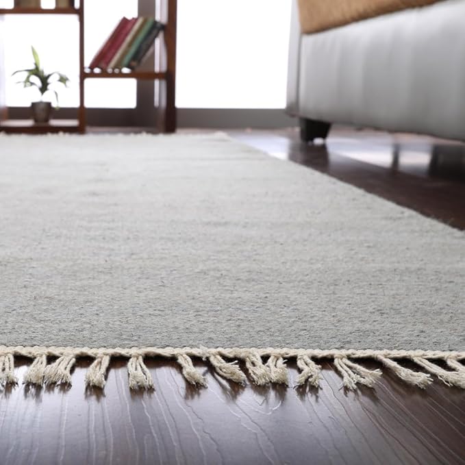 Rugsotic Carpets Hand Woven Flat Weave Kilim Wool ECO-Friendly Area Rugs - 10'x10', Square Shape, Silver Color, Solid Plain Design, Low Pile Handmade Area Rugs for Living Room, Bed Room (D00111)