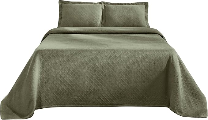 Superior 3 Piece Basketweave Cotton Bedspread Set, Home Bed Decor, Decorative Bed Spread, 2 Pillow Shams, Medium Weight Blanket, Matelasse Coverlet Bedding, Geometric Lattice Pattern, King, Sage