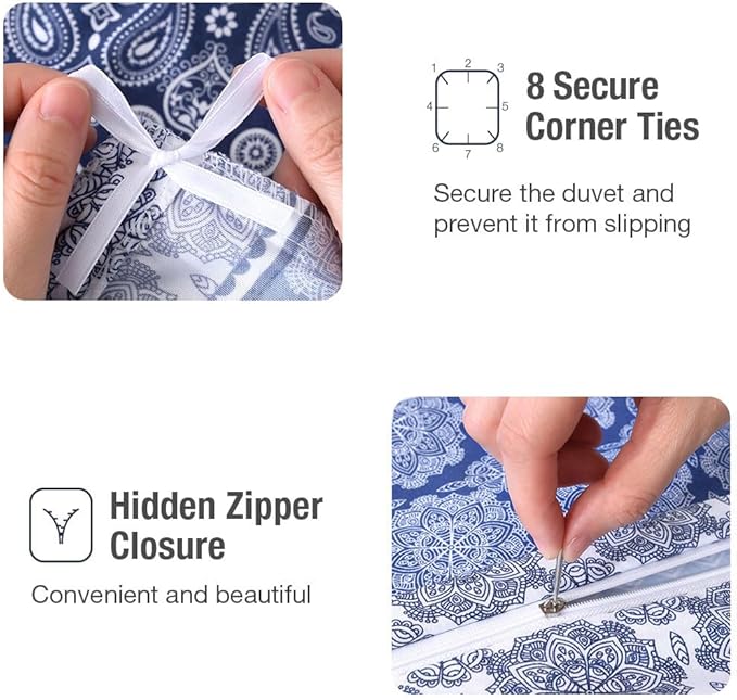 Lekesky Boho King Size Duvet Cover Set, Boho Blue Retro Comforter Cover King Floral Striped Printed, Luxury Soft Microfiber Bedding Set with Zipper Ties