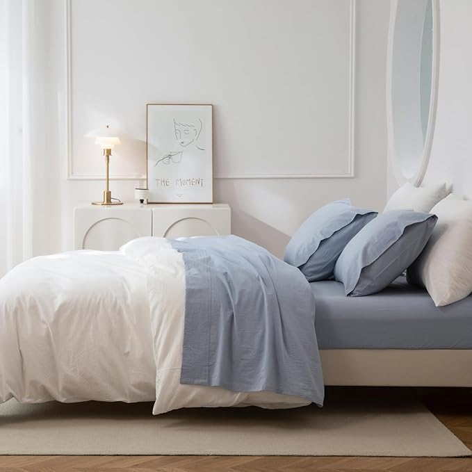 JIYUAN 100% Washed Cotton Sheet Set 4 Pieces Queen,1 Fitted Sheet,1 Flat Sheet and 2 Pillowcases,Comfy and Breathable Linen Like Bedding Set,Heathered Light Blue