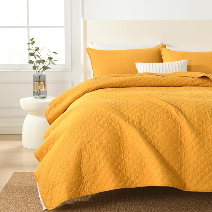 Cotton Quilt Bedding Sets Queen Size, 3 Pieces Reversible Lightweight Coverlets Comforters Bedspreads for All Seasons,Geometric Stitched Pattern,Yellow