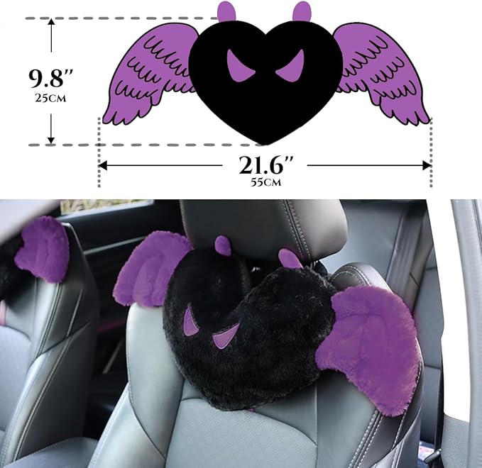 Sexysamba 2 Pcs Heart Shaped Car Headrest Pillow Devil & Angel Wings Neck Pillow Cute Car Seat Decor Neck Support Cushions for Travel Sleeping, Driving, Home, Office, Purple Devil