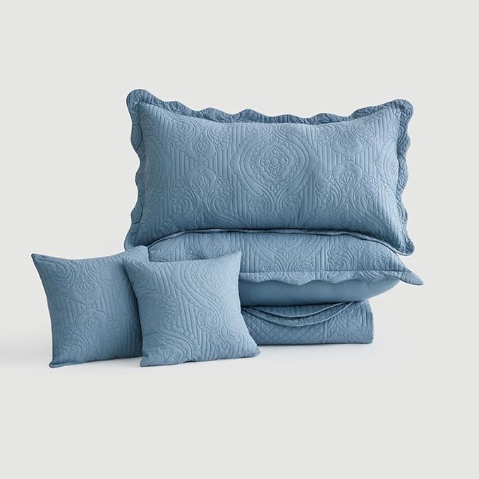HZ & HY Oversized King Bedspread 138x122 Extra Wide, Ultrasonic Coverlet Bedding Set, Lightweight Thin Comforter, Reversible, 5 Piece, 100% Microfiber, California/Alaskan King, Ashley Blue