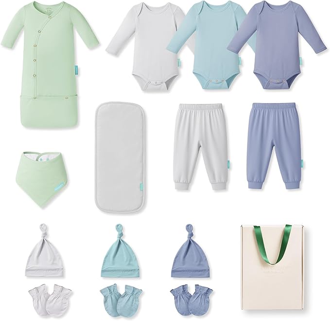 PurComfy Bamboo Newborn Clothes Gift Set: 14-Piece SuperSoft Layette & Accessories Set for Baby Boys — Daily Essentials Set