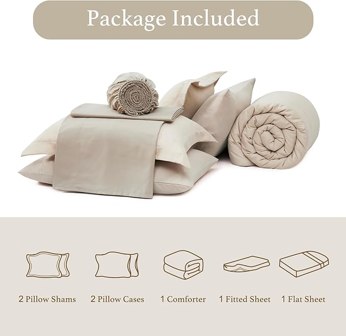Monbix Full Size Comforter Set - 7 Pieces Beige Bed in a Bag Full Size Bedding Sets with Comforters, All Seasons Comforter with Sheets, Pillowcases & Shams
