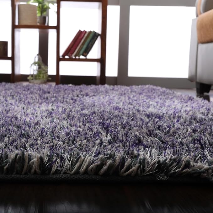Hand Tufted SHAG Polyester ECO-Friendly Area Rugs - 5'x8', Rectangle, Blue White, Solid Plain Design, High Pile Thick Handmade Anti Skid Rugs for Living Room, Bed Room K00111