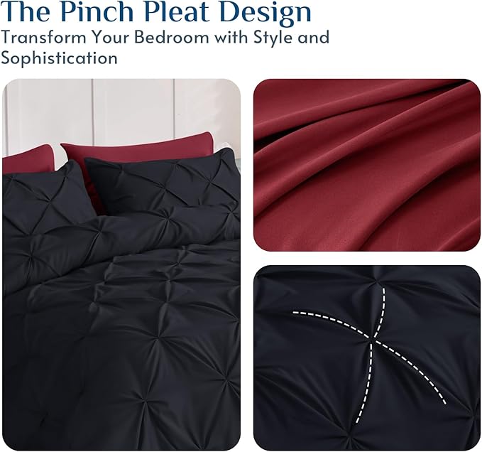 JOLLYVOGUE Queen Comforter Set 7 Pieces - Bed in a Bag Queen for All Season, Pintuck Bedding Comforter Sets with Comforter, Flat Sheet, Fitted Sheet and Pillowcases & Shams, Black & Burgundy
