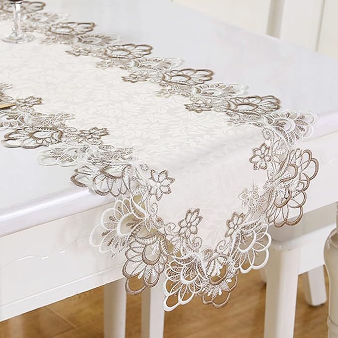 LeLehome 69 Inches Embroidery Lace Table Runner, Classic Jacquard Floral Dresser Scarf for Kitchen Dining Restaurant Party Wedding Tabletop Home Decoration Beige White