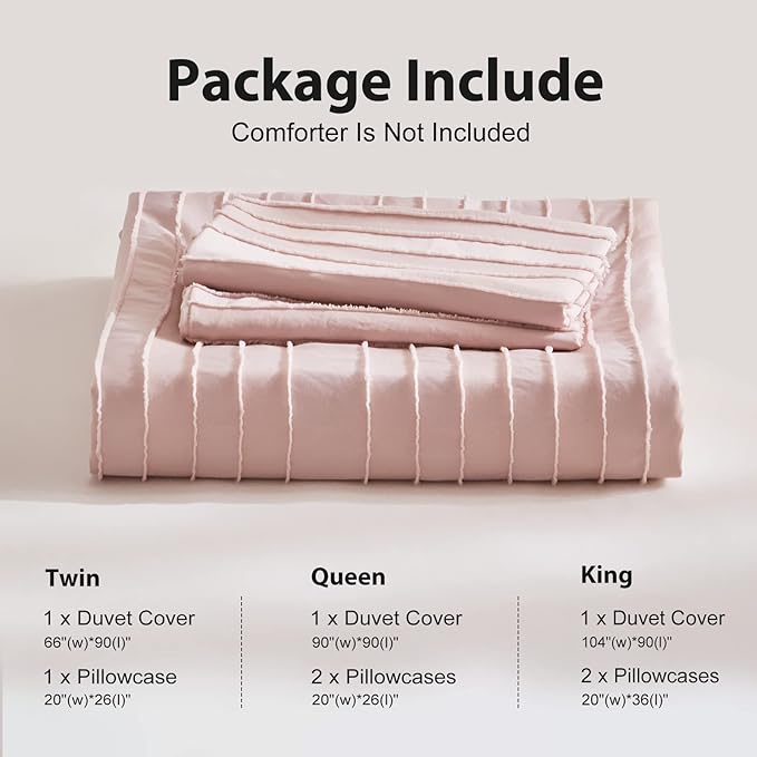WARMDERN Pink Tufted Duvet Cover Set Queen Size, Striped Textured Duvet Cover Boho Bedding Set, 3 Pcs Ultra Soft Washed Microfiber Duvet Cover with Zipper Closure (Queen, Pink)