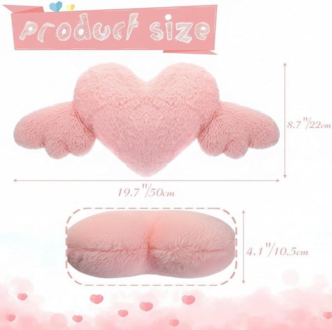 Macarrie 2 Pcs Plush Heart Shaped Pillow with Angel Wings Car Headrest Soft Comfortable Car Seat Pillow for Driving Travelling Room Office Car Decor, 19.7 x 8.3 Inch(Rose Red)