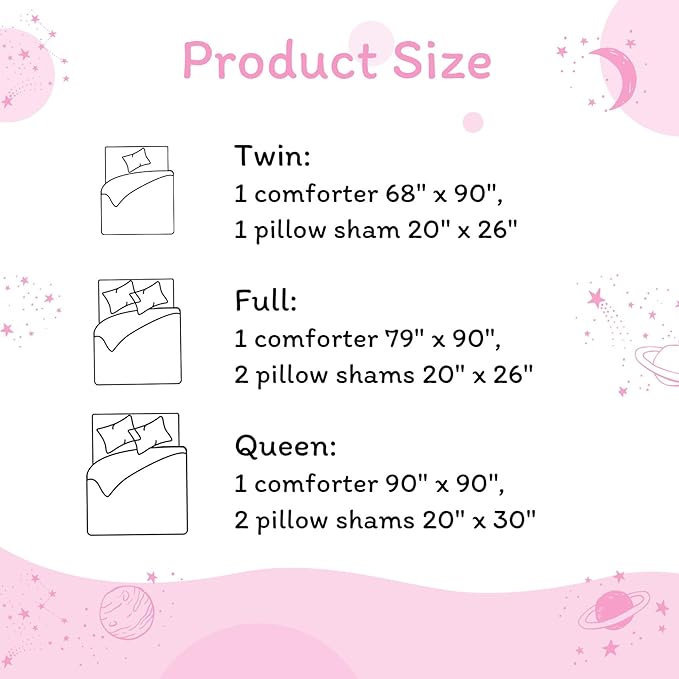 JSD Gradient Pink Stars Kids Comforter Set Twin Size, 2 Piece Space Theme Girls Printed Microfiber Bedding Set, Machine Washable