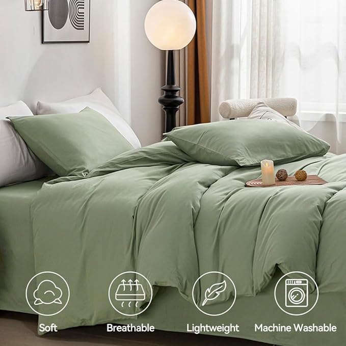 JELLYMONI Light Green Duvet Cover Twin Size - 100% Washed Cotton Linen Feel Textured Comforter Cover, 2 Pieces Breathable Soft Bedding Set with Zipper Closure (Light Green, Twin 68"x90")