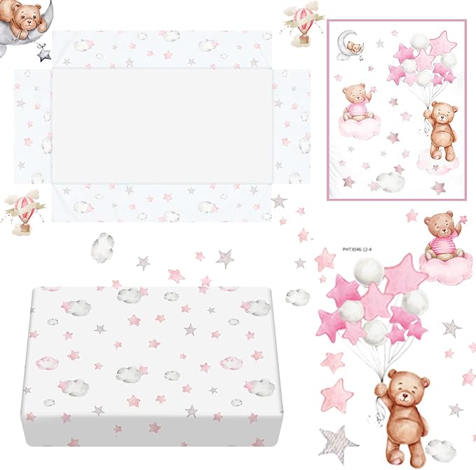 Mixweer 5 Pcs Crib Bedding Set for Toddlers Include Cloud Balloon Bear Theme Crib Sheets, Skirt, Comforter, Pad Cover, Wall Stickers for Boys or Girls Nursery Bedding Sets(Pink)