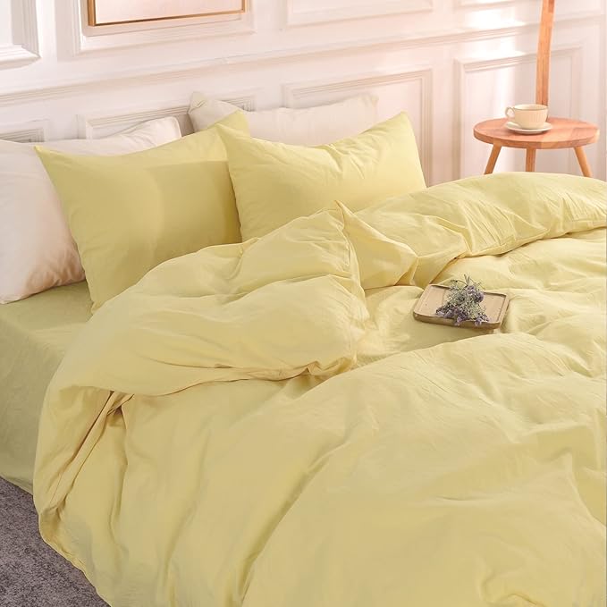 NEXHOME PRO Duvet Cover Set 100% Washed Cotton California Kingn 104"x98", Organic Natural Linen Look Textured 3 Pieces Bedding Set Cream Yellow with Zipper Closure, Breathable