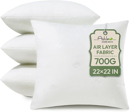 Ashler Throw Pillow Inserts 22 x 22 Inches Set of 4, Indoor Decorative Pillows, Soft and Firm Pillows with Air Layer, Square Cushion Sham Stuffer for Couch and Living Room