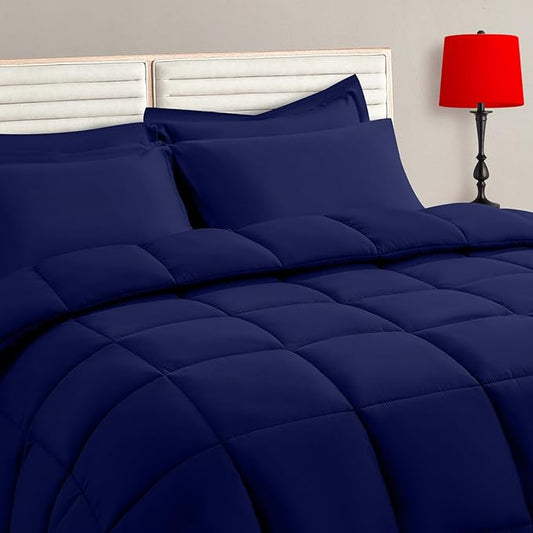 TAIMIT Navy King Comforter Set - 7 Pieces, Bed in a Bag Bedding Sets with All Season Soft Quilted Warm Fluffy Comforter,Flat Sheet,Fitted Sheet,2 Pillow Shams,2 Pillowcases