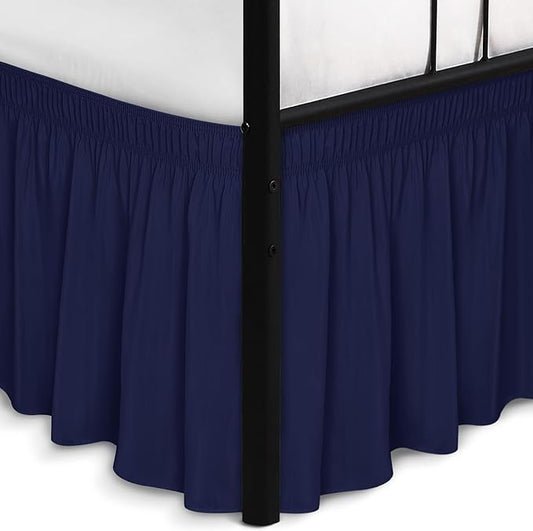 Biscaynebay Wrap Around Bed Skirts with Split Corners for Full Beds 17" Drop, Navy Elastic Dust Ruffles Easy Fit Wrinkle & Fade Resistant Silky Luxurious Fabric Solid Machine Washable