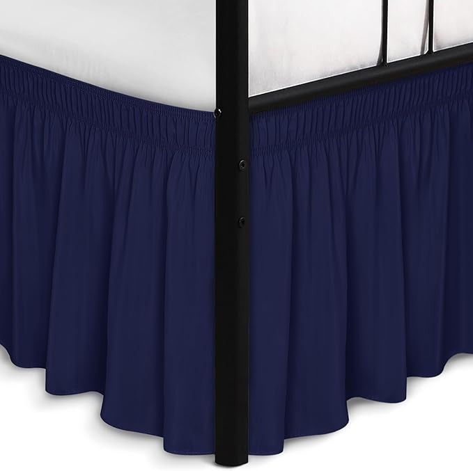 Biscaynebay Wrap Around Bed Skirts with Split Corners for Full Beds 14" Drop, Navy Elastic Dust Ruffles Adjustable Easy Fit Wrinkle & Fade Resistant Silky Luxurious Fabric Machine Washable