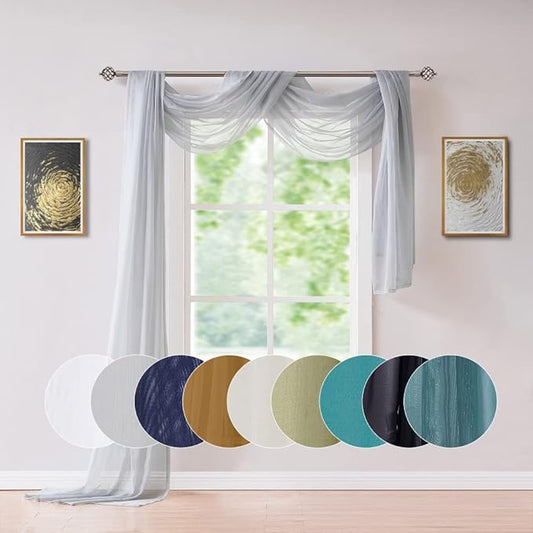Long Length 56" (W) x 216" (L) Gray Silver Sheer Window Scarf. Voile Window Treatments are Perfect As Valance Scarves, Canopy Bed Scarf Or Wedding Decoration. AMA 56" x 216" Silver