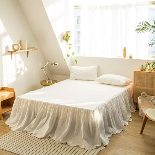 BISELINA French Linen Bed Skirt with Pleated Frills 22-Inch Tailored Drop Natural Flax Cotton Blend Dust Ruffle Soft Cozy Farmhouse Bedding (22" California King, Ruffle White)