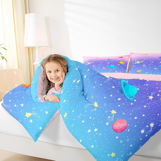 Erosebridal Space Comforter Set Twin Size for Boys Girls Kids Galaxy Stars Planet Bedding Set Kawaii Rainbow Pastel Bed Comforter Sets Pink Blue Purple Ombre Cartoon Quilt Duvet 1 Pillow Case