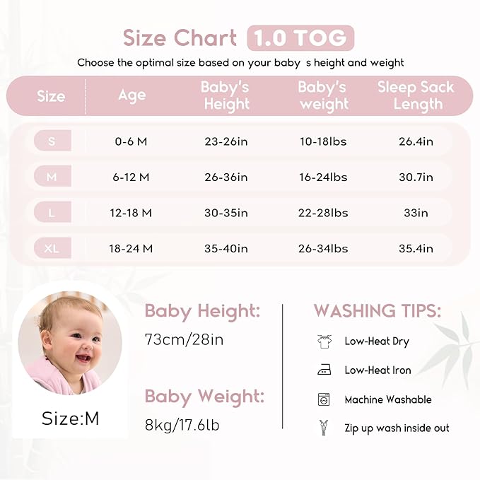 Yoofoss Rayon Made from Bamboo Baby Sleep Sack 0-6 Months 1.0 Tog Baby Wearable Blanket, Super Soft Infant Toddler Sleeping Sack 2-Way Zipper