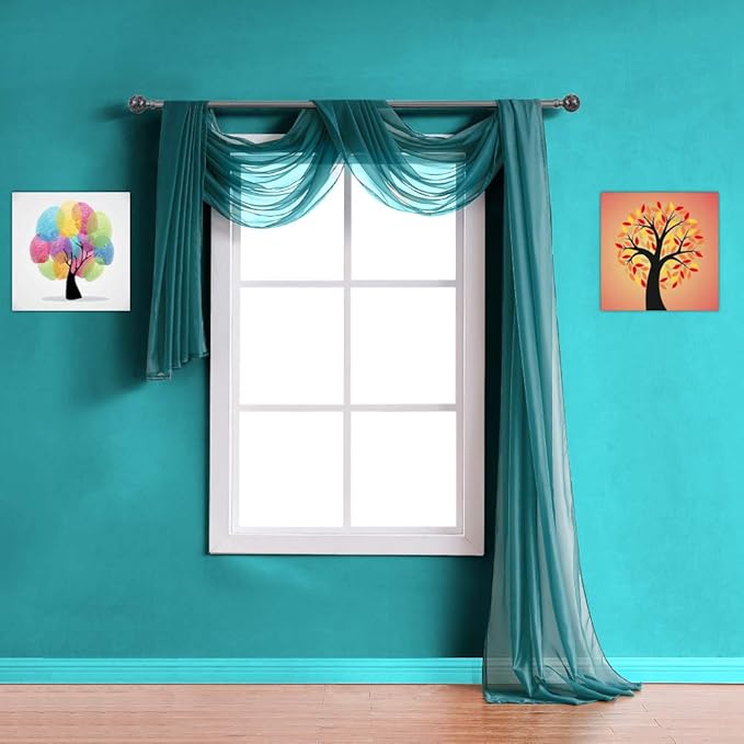 Warm Home Designs Double Window Scarves Bundle. Each White & Green Teal Window Scarf Valance is 55" x 216". Great for Teal Room Decor, as Canopy Bed Curtains or Draping Fabric. AS White & Teal 216"