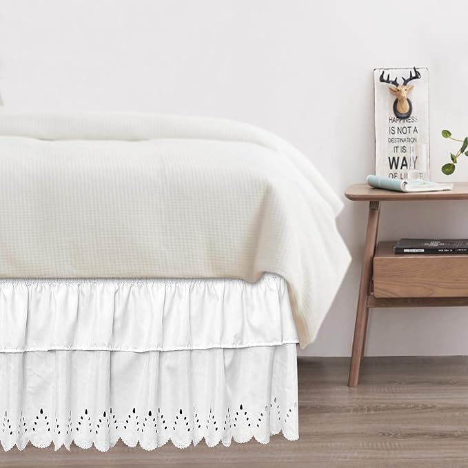 Full Bed Skirt, Double-Layered Ruffled Eyelet Bed Skirt, Wrap-Around Elastic Dust Ruffle Full Size with Gathered Styling and Embroidered Details, 14" Drop Length (White)