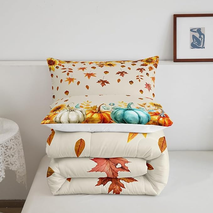 Fall Pumpkin Bedding Set For Home Full Thanksgiving Harvest Season Fruit Decor Comforter Set Autumn Fall Maple Leaf Quilt Comforter for Kids Teen Adults,Rustic Farm Sunflower Bed Sets 2 Pillow Cases
