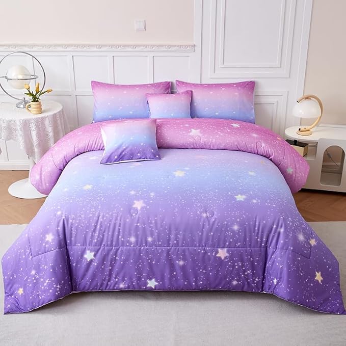 Pink and Purple Comforter Set Queen,Girls Galaxy Comforter Set,Purple Bedding Set Queen,Bed in A Bag Comforter for Children Girls Teen Kids,Bedroom Comforter Decoration Queen 7Pcs