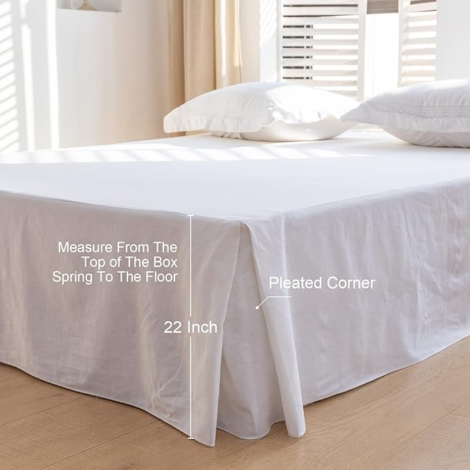 BISELINA French Linen Bed Skirt with Pleated Corner 22-Inch Tailored Drop Natural Flax Cotton Blend Basic Dust Ruffle Soft Cozy Farmhouse Bedding (22" Queen, Basic White)