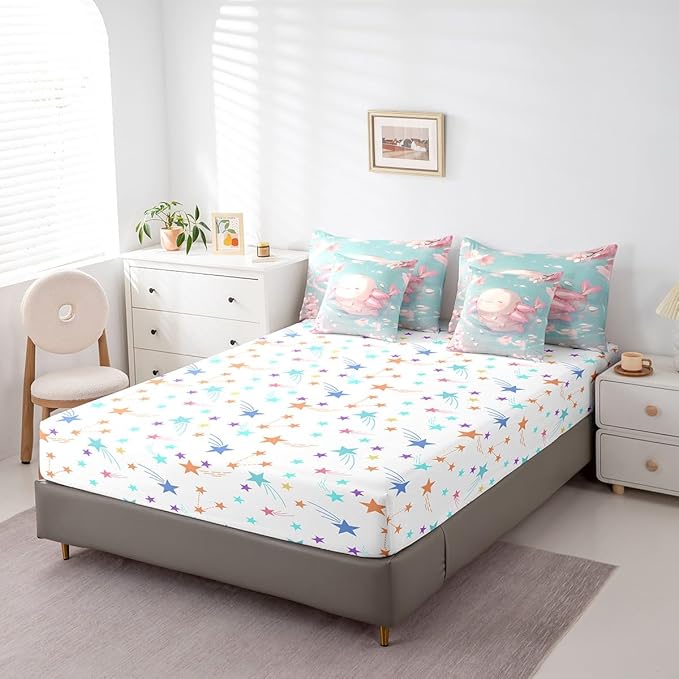 Feelyou Kids Cute Axolotl Comforter Set with Sheets Twin Size, Cartoon Salamander 7 Pieces Bedding Set Boys Girls Kawaii Ocean Sealife Bed in A Bag Cherry Blossoms Teens Bed Set Bedroom Decor 7Pcs