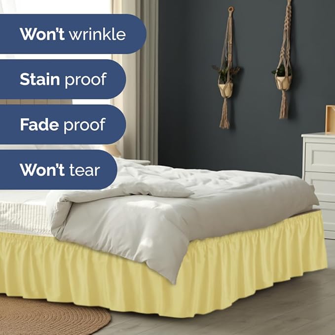 Wrap Around Dust Ruffle Bed Skirt - Yellow - for Queen Size Beds with 15 Inch Drop - Easy Fit Elastic Strap - Adjustable Pleated Bedskirt w/Brushed Fabric Wrinkle Free - for Women, Men, Kids & Teens