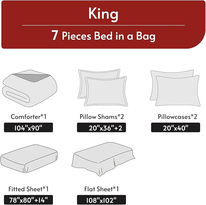 MUXHOMO 7 Pieces King Comforter Set, Reversible Bed in a Bag King Size, All Season Bedding Set with Comforter, Flat Sheet, Fitted Sheet, Pillowcases & Shams, Burgundy & Rose Gold