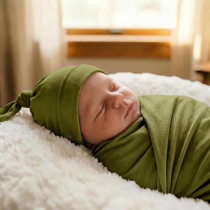 Large Jersey Knitted Swaddle Blanket for Baby, Soft Stretchy Receiving Blanket for Newborns with Hat, Baby Nursery Swaddle 47 x 47 inches(Olive)