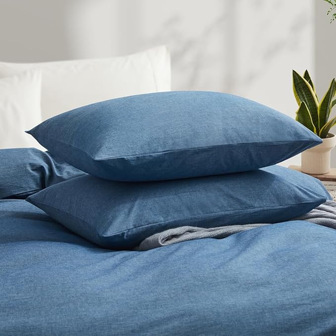 Blue Duvet Cover Full Size, 100% Washed Cotton Linen Like Bedding Set with Zipper Closure (No Comforter), 80x90 Inches
