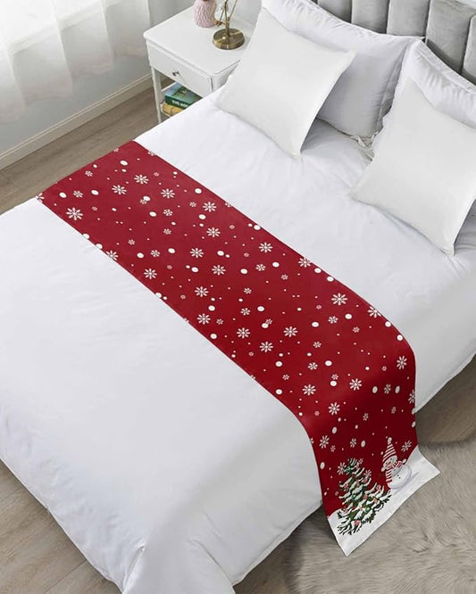 Christmas Tree Snowflakes Snowman Bed Runners for Bedroom Hotel,Decorative Bedding Scarf Red White Green Bed End Blanket Bedding Runner Scarves for Full Size Bed,83x20in