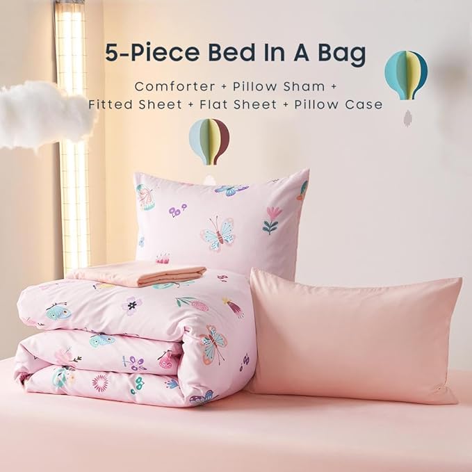 Wake In Cloud - Butterfly Bedding Set for Girls, Cute Colorful Butterfly Flowers Floral Comforter Set with Sheets, 5 Pieces Kids Bed in a Bag, Pink, Twin Size