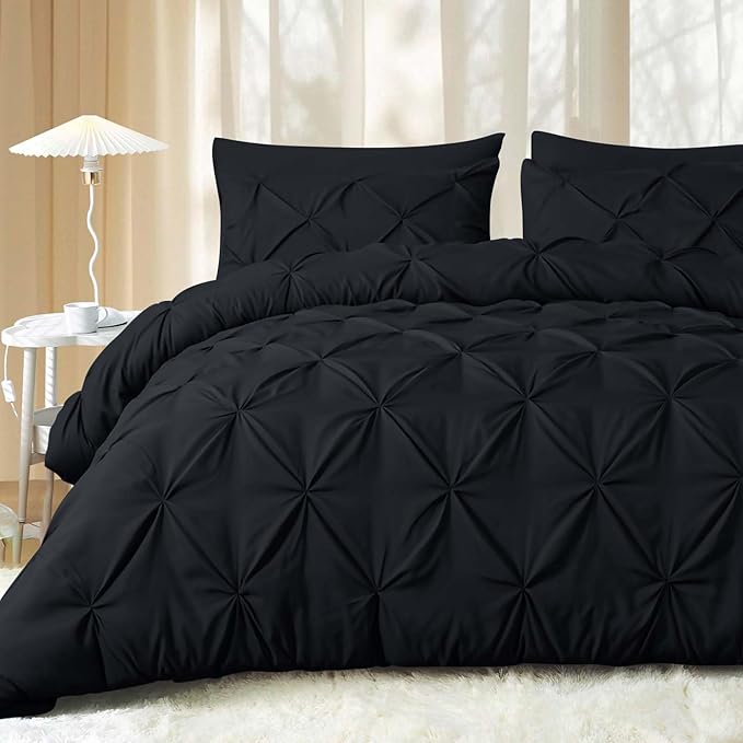 JOLLYVOGUE Twin Comforter Set 5 Pieces - Bed in a Bag Twin for All Season, Pintuck Bedding Comforter Sets with Comforter, Flat Sheet, Fitted Sheet and Pillowcases & Shams, Black