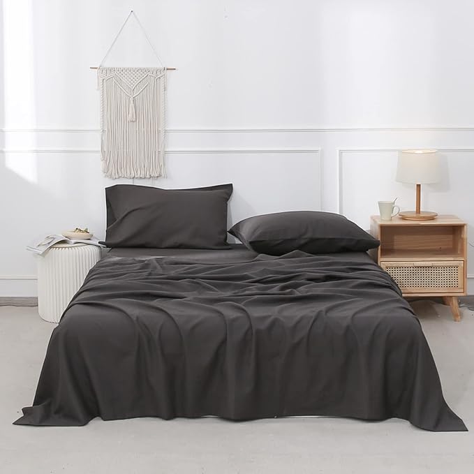 Simple&Opulence Belgian Linen Sheet Set Solid Color - 4 Pieces (1 Flat Sheet, 1 Fitted Sheet & 2 Pillowcases) Natural Flax Cotton Blend Soft Breathable Farmhouse Bedding - Queen Size, Dark Grey