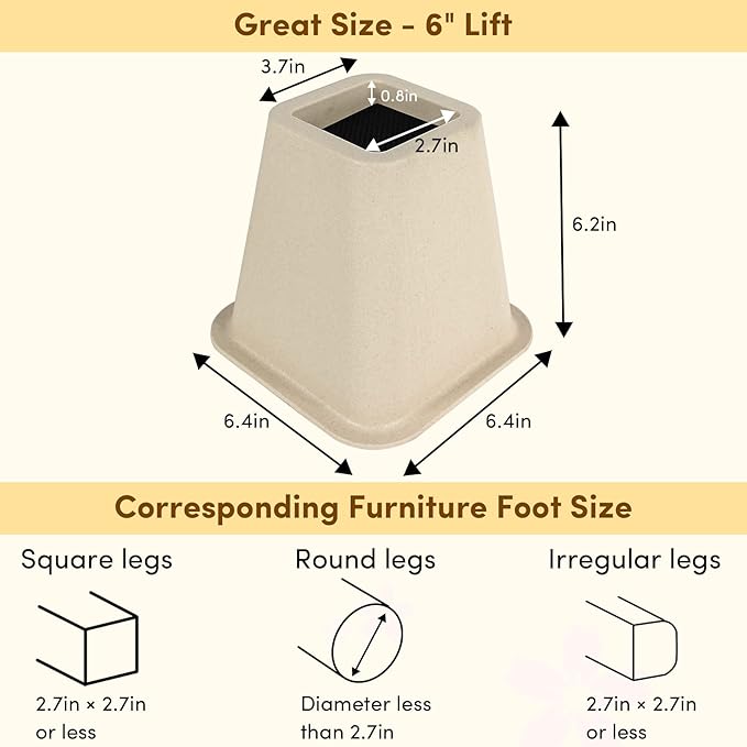 DEDU Bed Risers 6 Inch Heavy Duty 4 Pack, Furniture Risers for Sofas Oversized, Couch Risers with Non-Slip Pad Supports Up to 2200 Lbs for Bed, Desk, Chair (Beige)