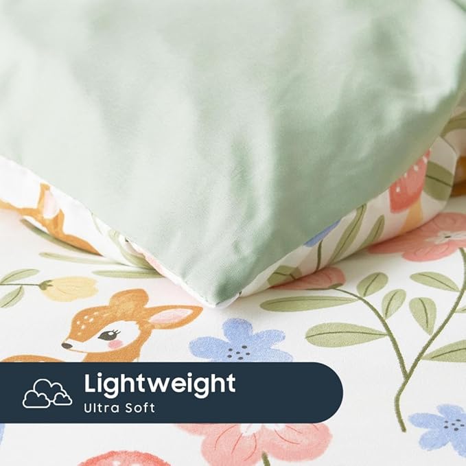 Wake In Cloud - Floral Bedding Set for Girls, Cute Colorful Botanical Flowers Deers Patterned Soft Lightweight Comforter Set with Sheets, 7 Pieces Kids Bed in a Bag, Green Cream, Full Size