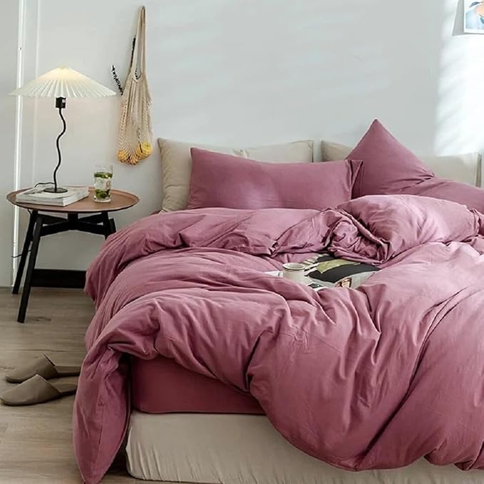 Purple Bedding Duvet Cover Queen 3 Pieces Pale Mauve Duvet Cover Boho Solid Bedding Set Luxury Soft Jersey Knit Cotton Comforter Cover with 2 Pillowcases Breathable Comfy Mauve Color Bedding Set