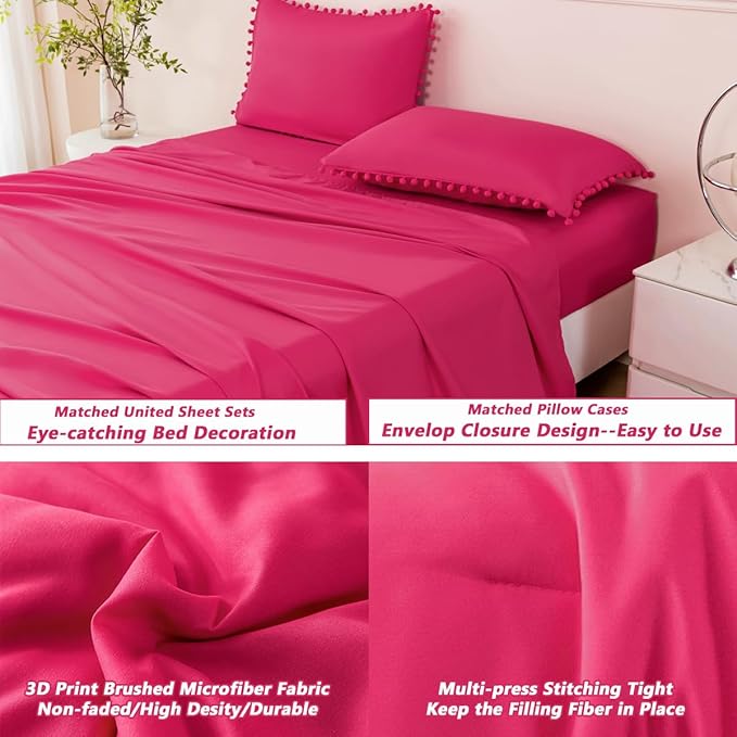PERFEMET 5-Piece Hot Pink Comforter Sets Twin Size Pom Pom Girls Bedding Set with Sheets Soft Aesthetic Boho Bed in a Bag Solid Bedding Comforter for All Season(Hot Pink, Twin)