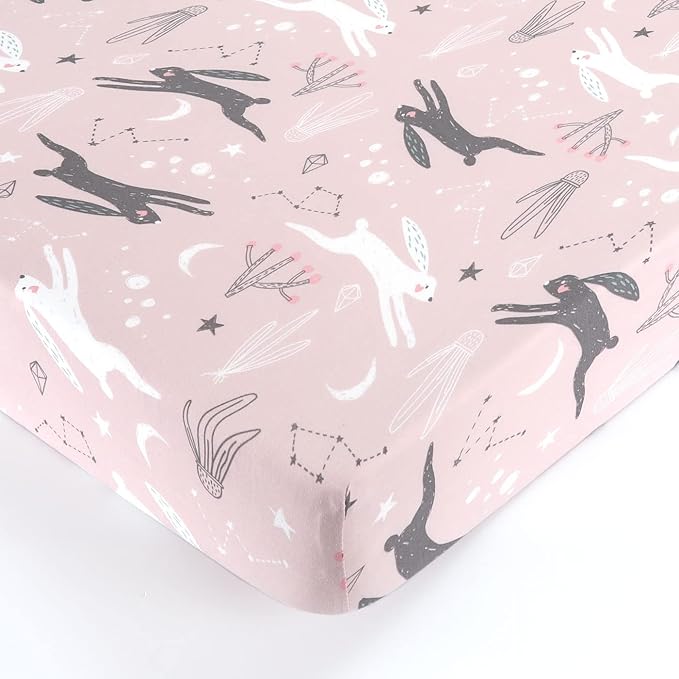 GRSSDER Stretchy Ultra Soft Jersey Knit Fitted Crib Sheets Set 2 Pack, Cozy Crib Sheet Girl Fits All Standard Crib Mattress Pads, Cute Foxes and Rabbits Print