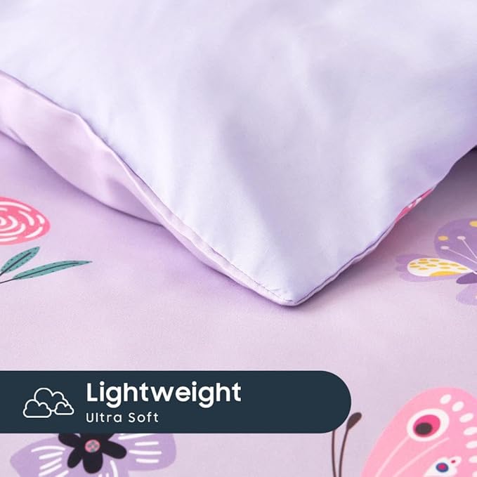 Wake In Cloud - Butterfly Bedding Set for Girls, Cute Colorful Butterfly Flowers Floral Comforter Set with Sheets, 5 Pieces Kids Bed in a Bag, Purple, Twin Size