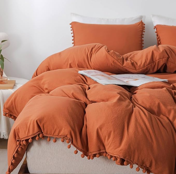 TanNicoor Pom Fringe Duvet Cover Set - 3 Piece Natural Ultra SOFE Color Washed Microfiber Bedding Set, Modern Style Down Comforter Quilt Cover with Zipper Closure(Twin, Terracotta)